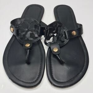 Tory Burch Miller Soft Leather Black Gold Thong T Strap Sandals Flats 41 10.5